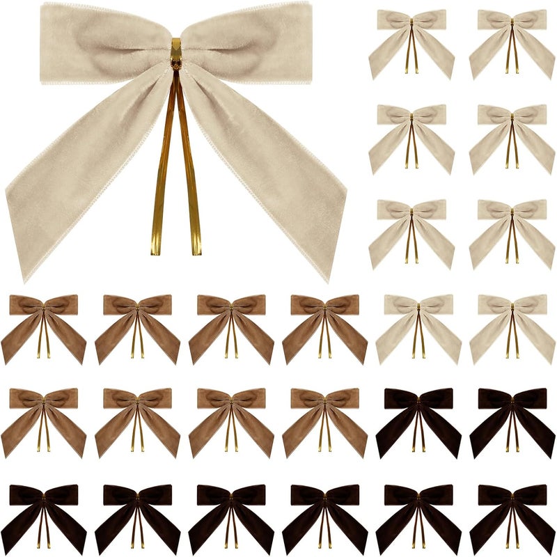 Utehilly 24 Pcs Champagne Brown Small Velvet Christmas Bows for Christmas Tree, Wreath, Gift Wrapping, Crafts, Wedding, Party, Twist Tie Bows for Treat Bag Bakery Candy Bags 1" W,3.5 x 3.5 inch - Image 1